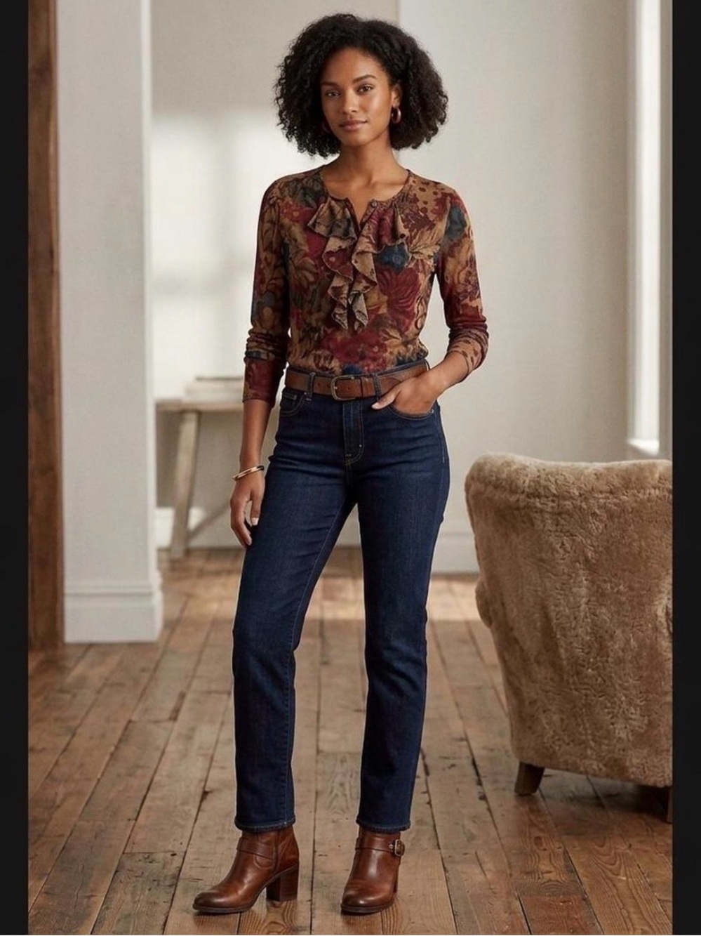 Lauren Ralph Lauren Floral Ruffle Henley in Rust Multi Dark Floral Cotton Sz L